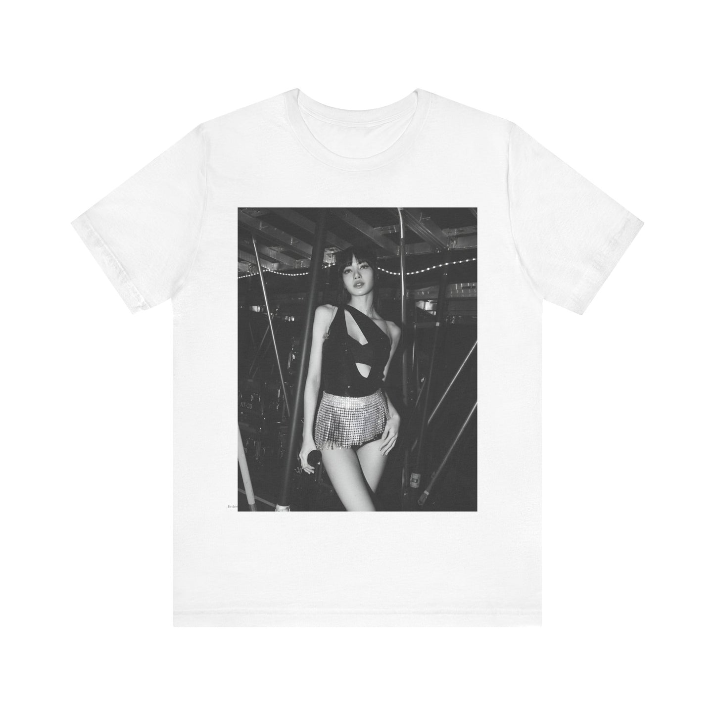 A black graphic t-shirt featuring a black and white graphic or photo of Lisa in a backstage setting.