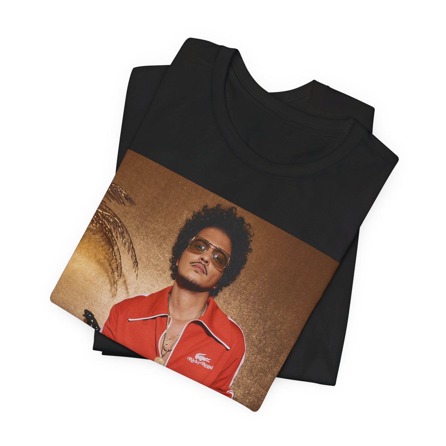 A black graphic t-shirt featuring a graphic of Bruno Mars related to funk and soul revival.