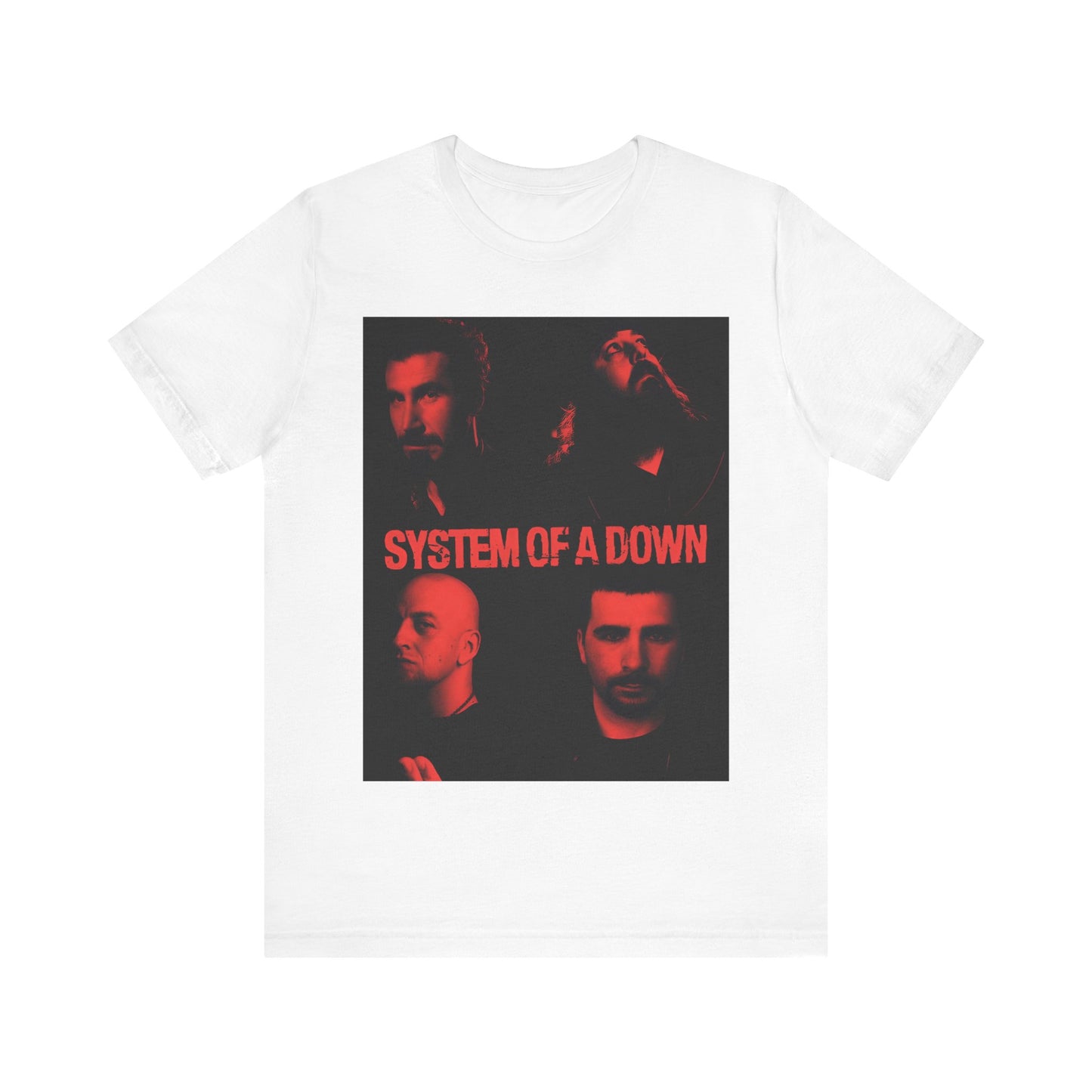 A black graphic t-shirt featuring a modern metal essential graphic of System of a Down.