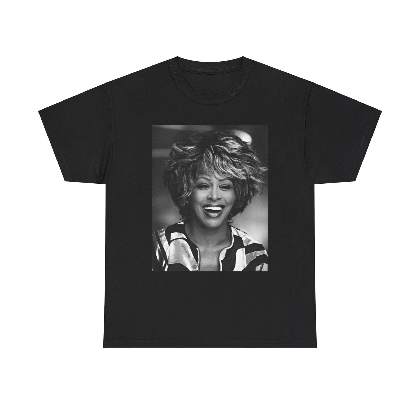 A black graphic t-shirt featuring a classic 80s pop aesthetic graphic of Tina Turner.