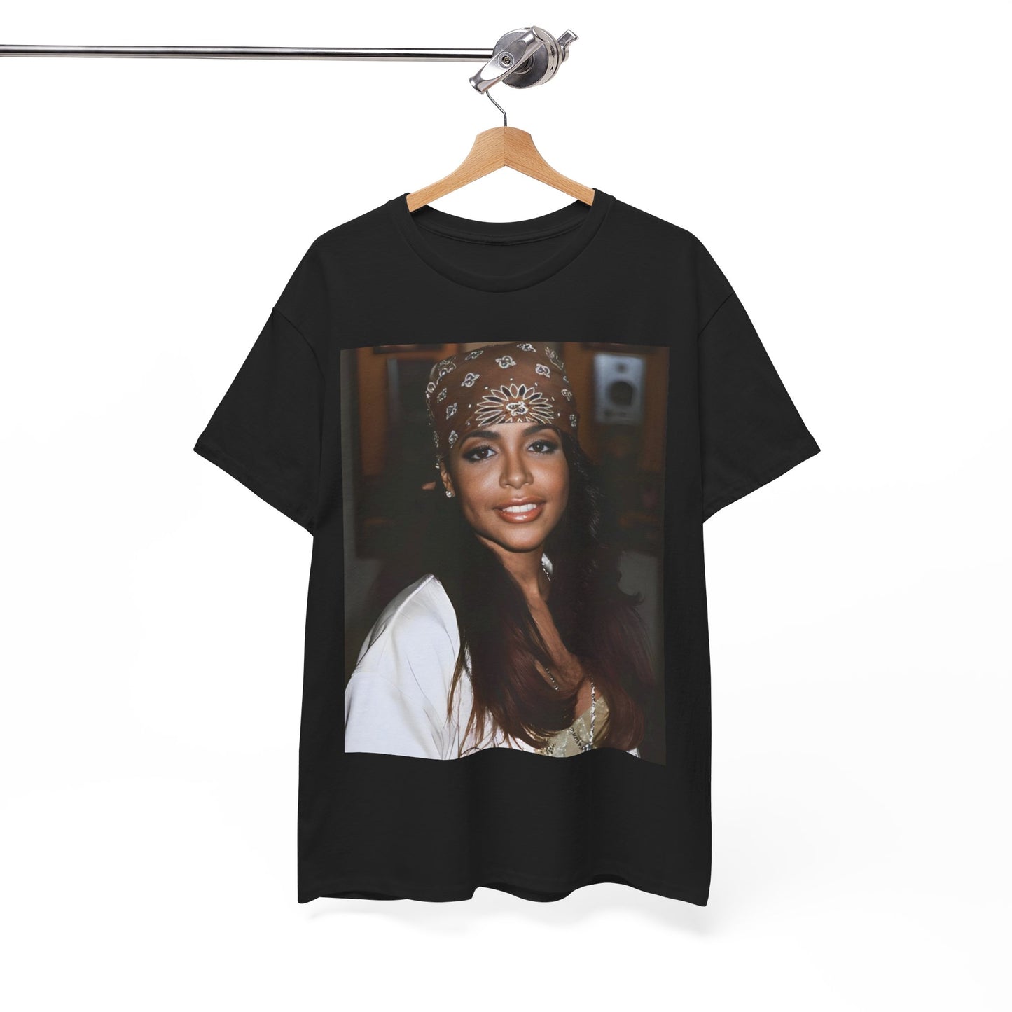 A black graphic t-shirt featuring a graphic of Aaliyah as the queen of modern R&B.