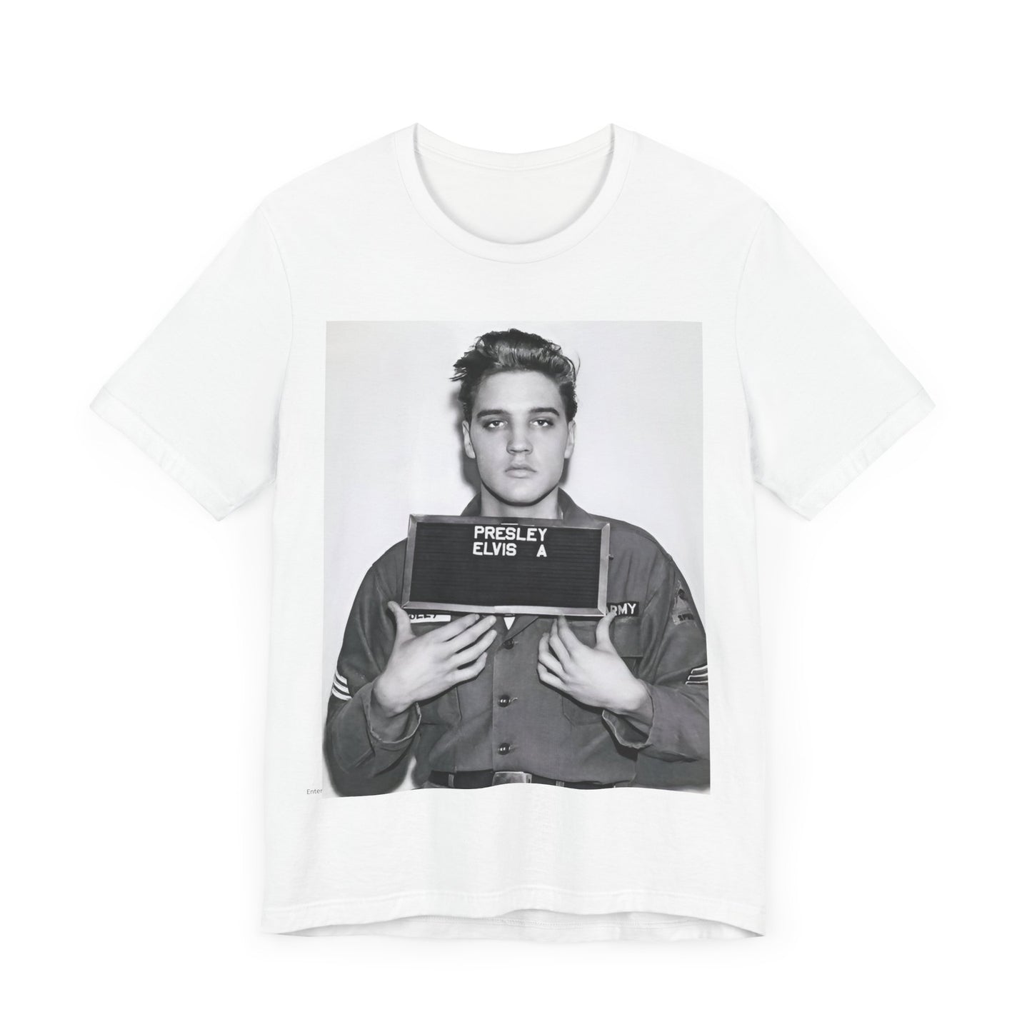 A black graphic t-shirt featuring a retro mugshot photo of Elvis Presley.