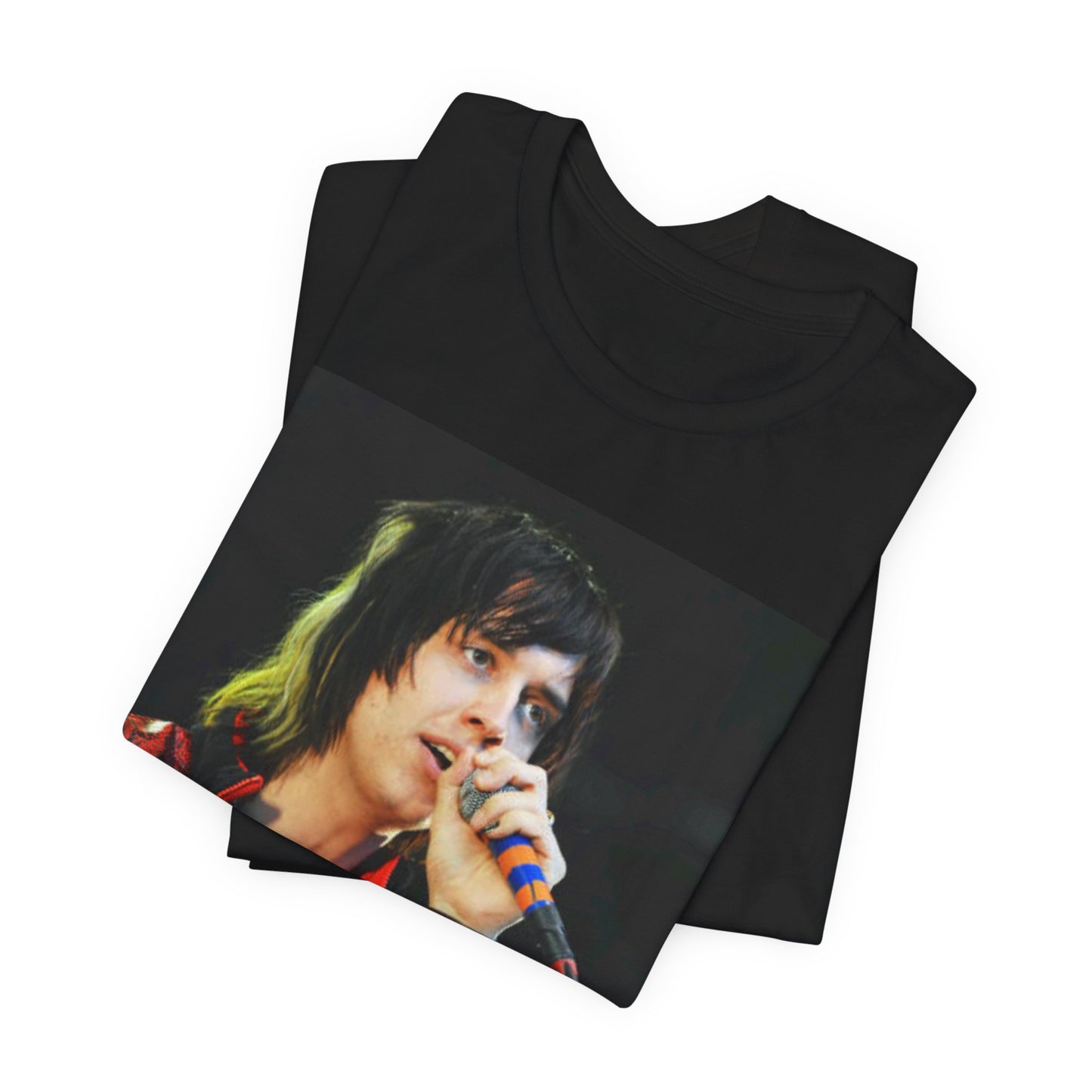 A black graphic t-shirt featuring a vintage indie rock graphic of The Strokes.