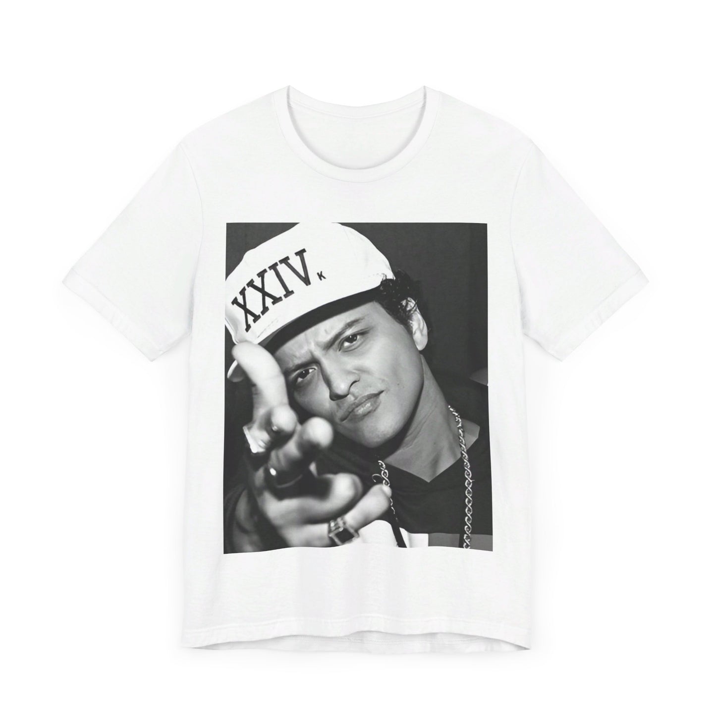 A black graphic t-shirt featuring a black and white photo of Bruno Mars, likely from his '24K Magic' (XXIV) era.