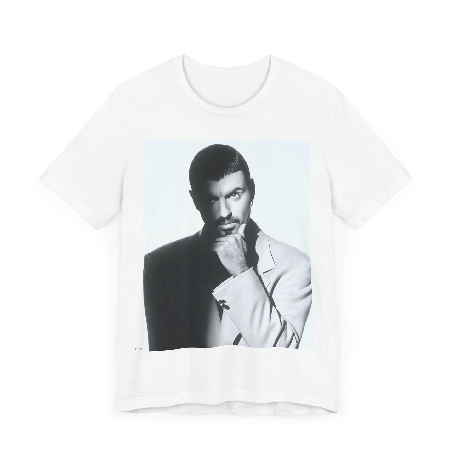 A black graphic t-shirt featuring a 90s aesthetic graphic of George Michael.