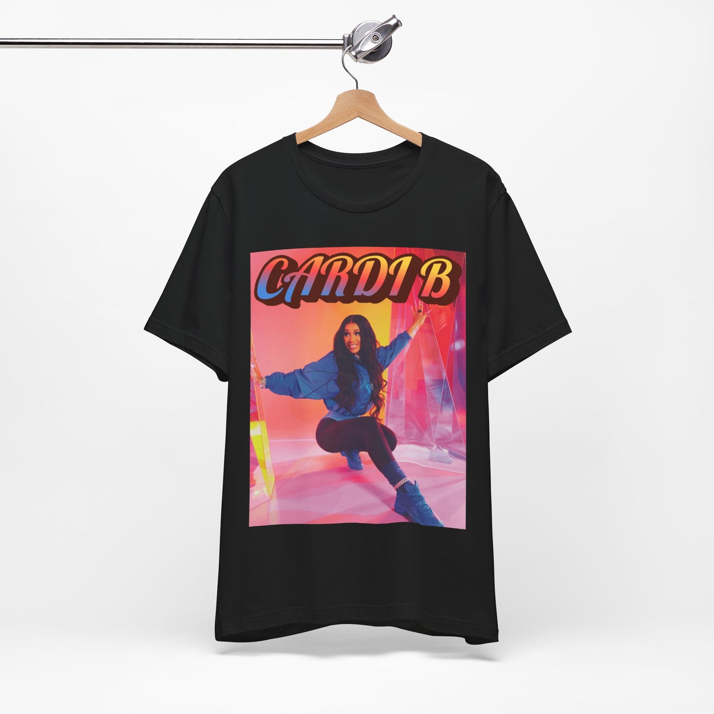 A black graphic t-shirt featuring a graphic of Cardi B, designed with a rap aesthetic.
