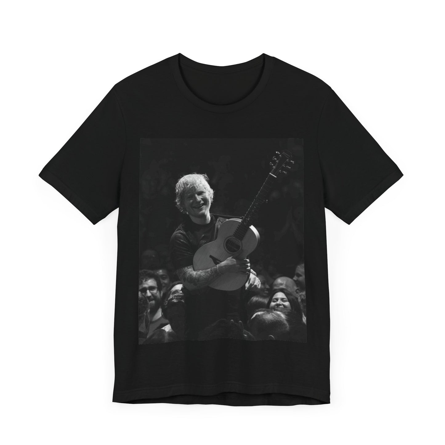 A black graphic t-shirt featuring a photo of Ed Sheeran performing live with his guitar.