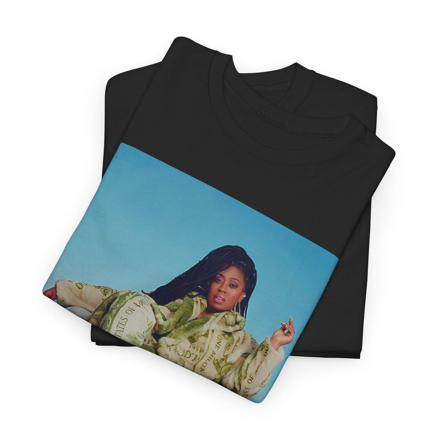A black graphic t-shirt featuring a vintage graphic related to Missy Elliott's 'Work It' song or era.