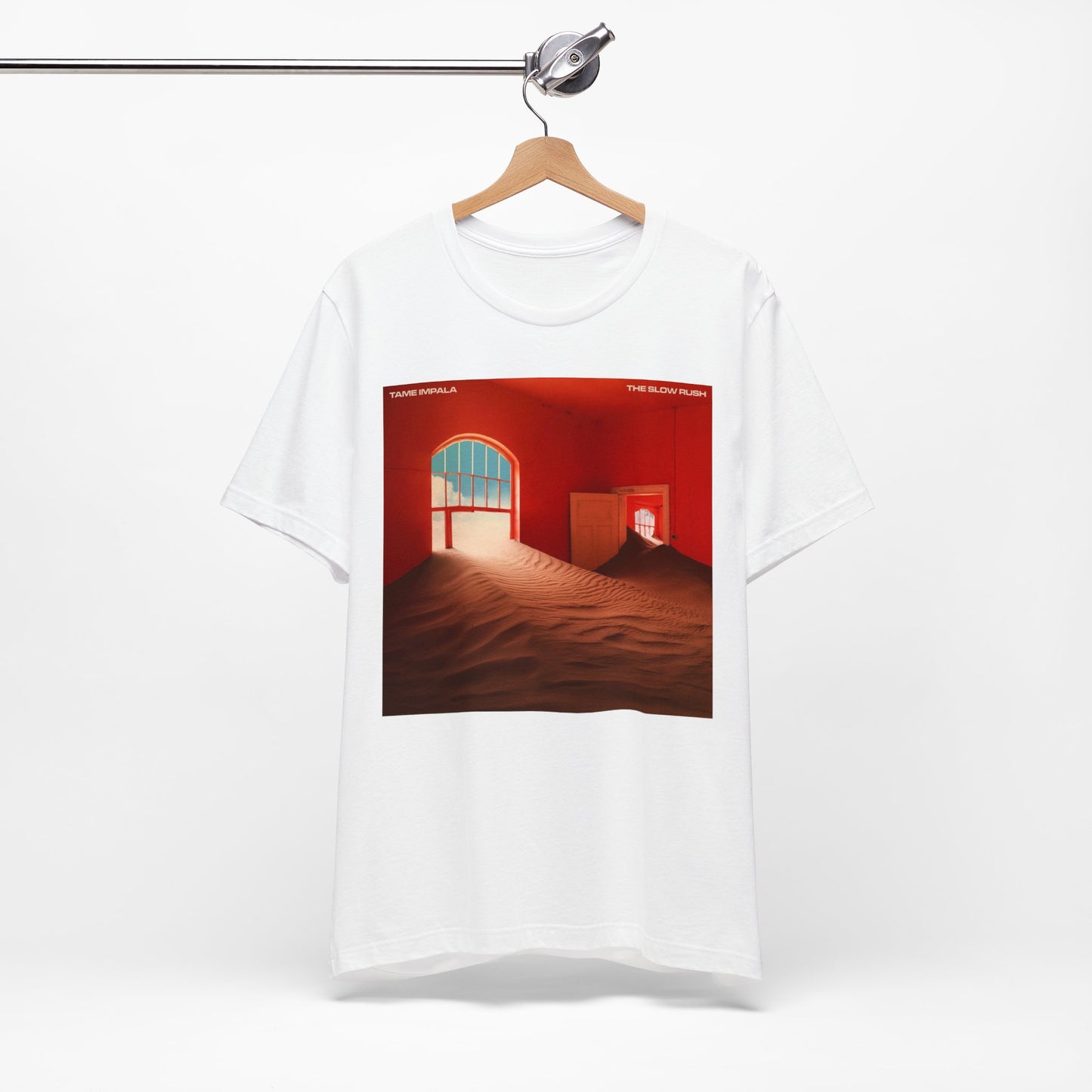 A black graphic t-shirt featuring a graphic related to Tame Impala's 'The Slow Rush' album.