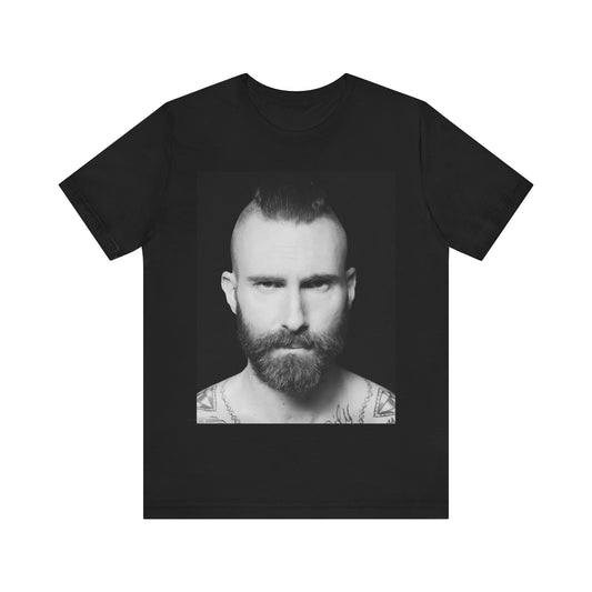 A sharp, polished studio portrait of Maroon 5 frontman Adam Levine, printed on a graphic t-shirt.