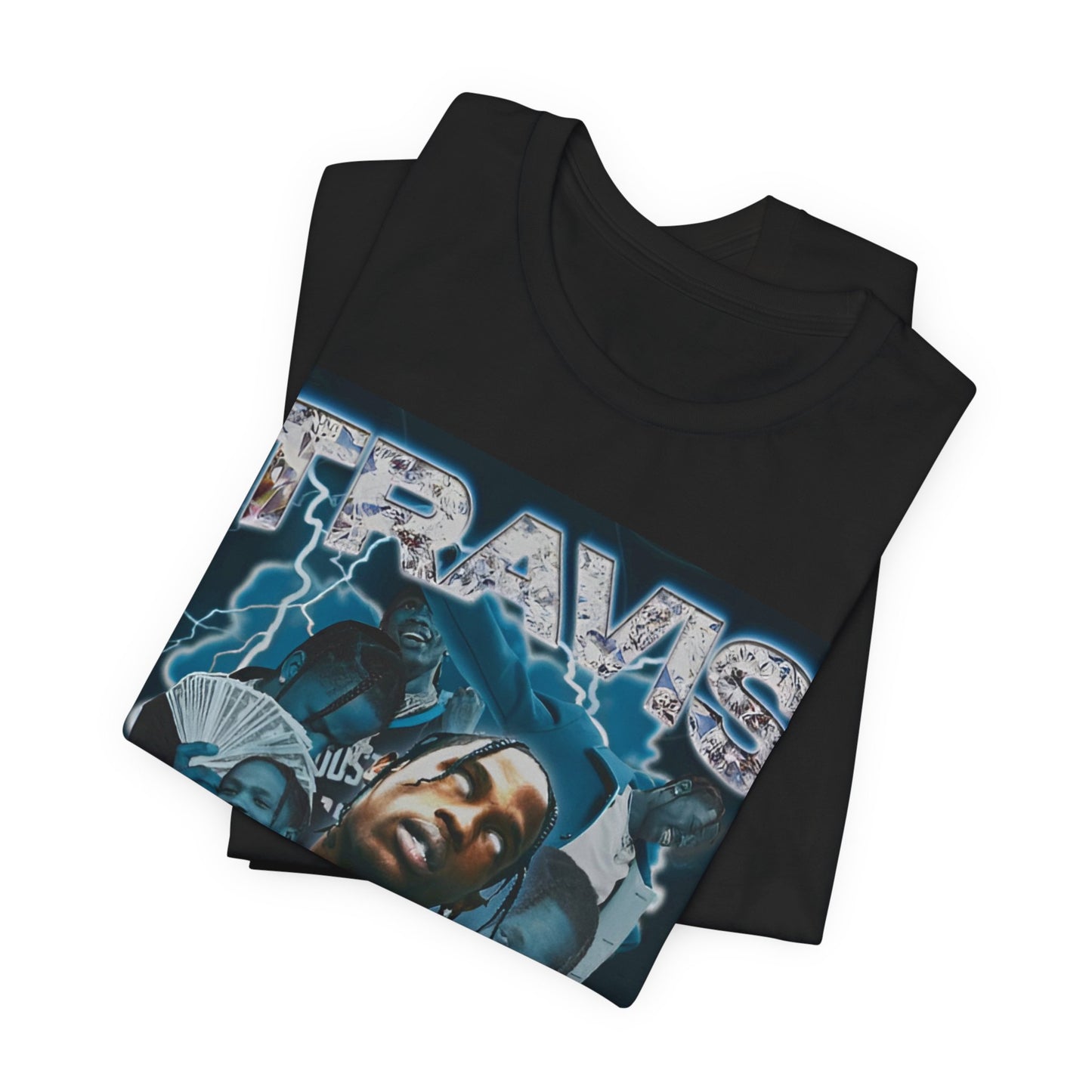 A black graphic t-shirt featuring a 90s bootleg style graphic of Travis Scott.