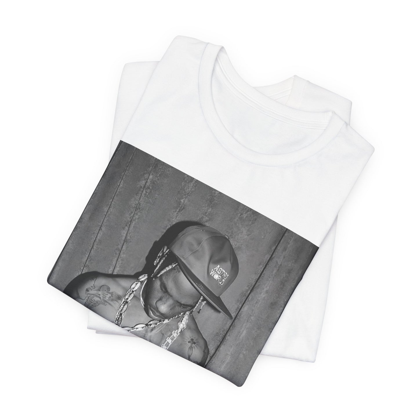 A black graphic t-shirt featuring a graphic of Travis Scott as the Houston rap king.
