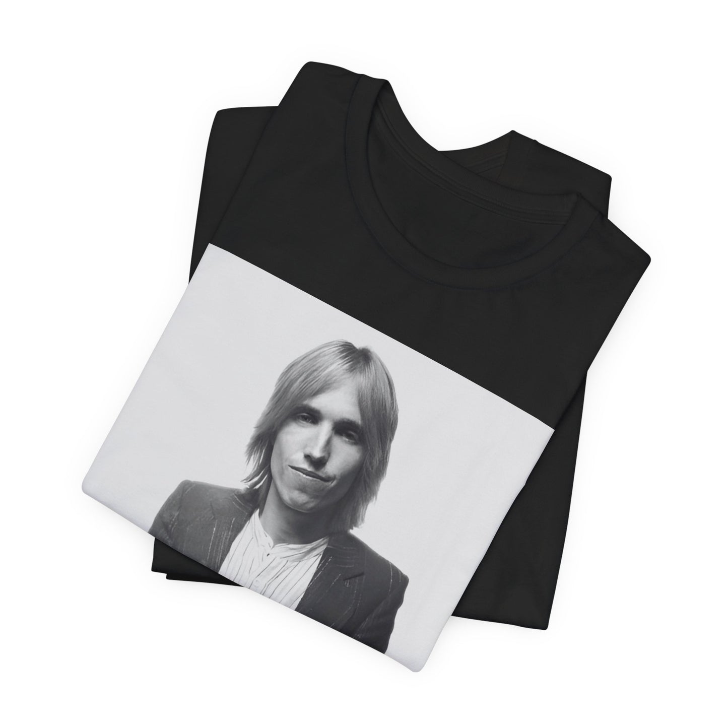 A black graphic t-shirt featuring a graphic of Tom Petty with rock legend vibes.