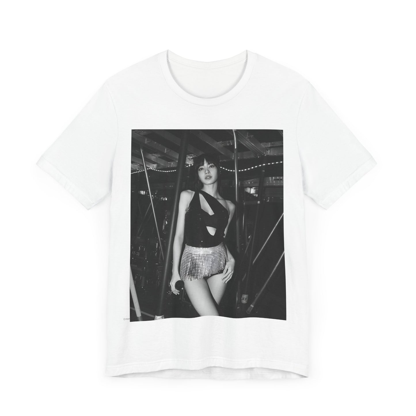 A black graphic t-shirt featuring a black and white graphic or photo of Lisa in a backstage setting.