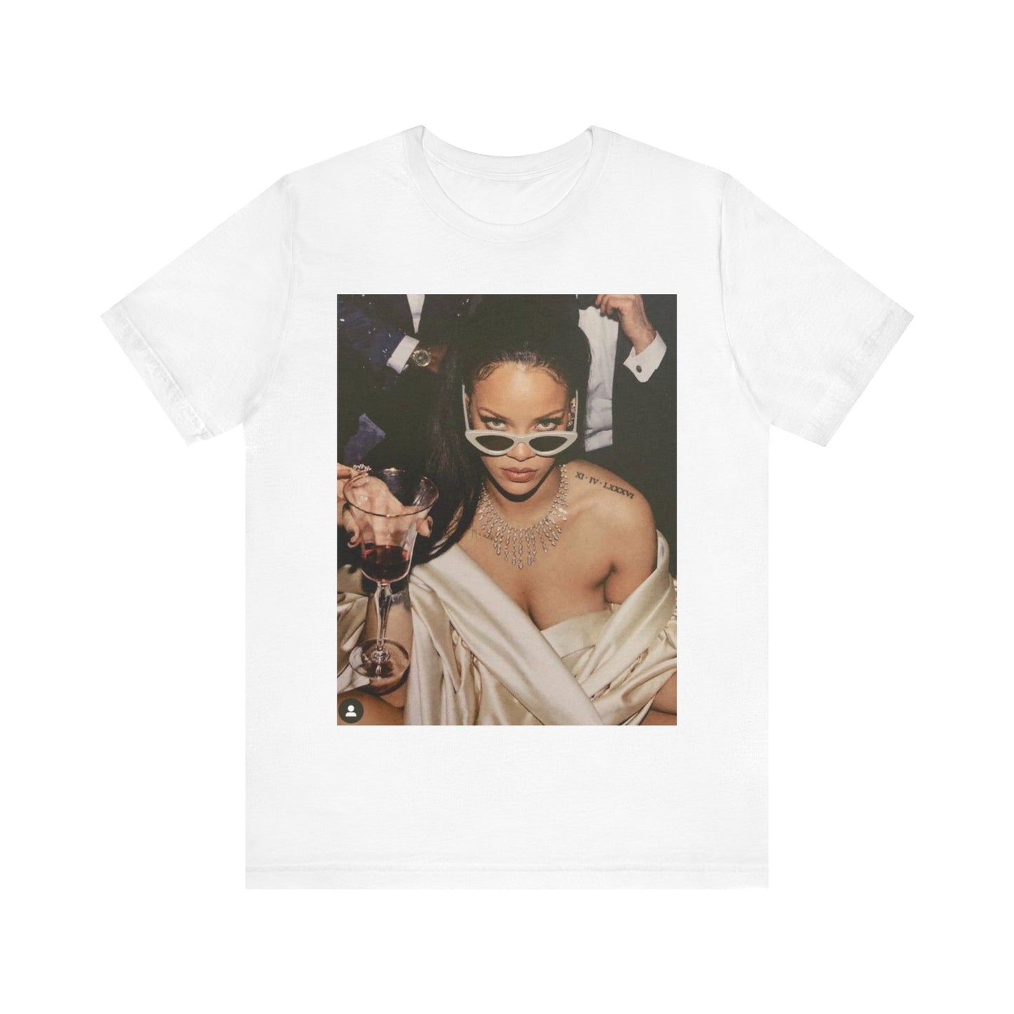 A black graphic t-shirt featuring a graphic of Rihanna as a 'Bad Gal Riri' fashion icon.