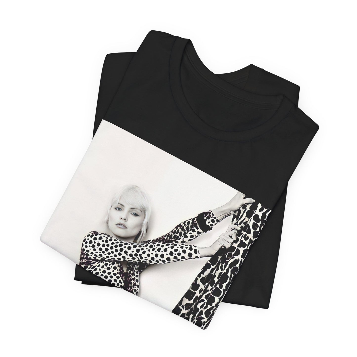 A black graphic t-shirt featuring a black and white, wild-style graphic of Blondie, emphasizing their untamed spirit.