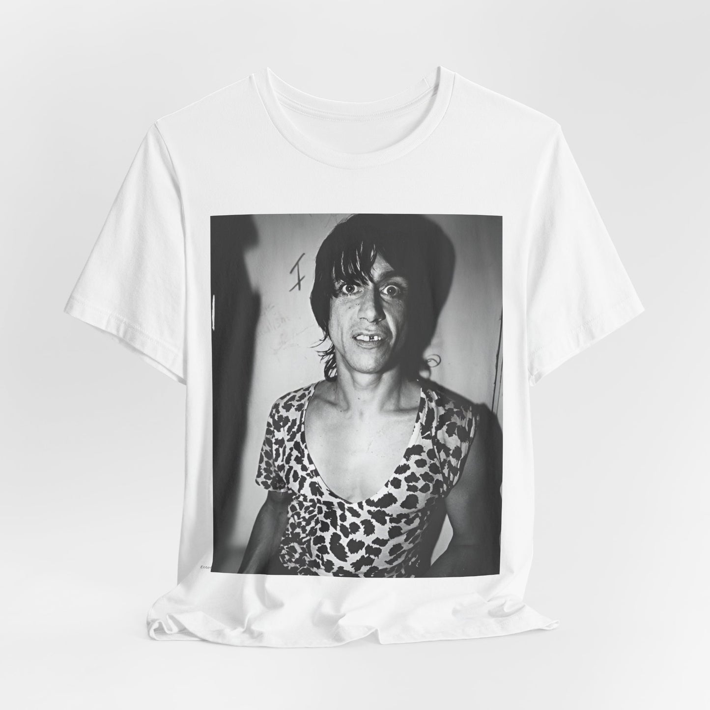 A black graphic t-shirt featuring a graphic of Iggy Pop and The Stooges in a punk style.