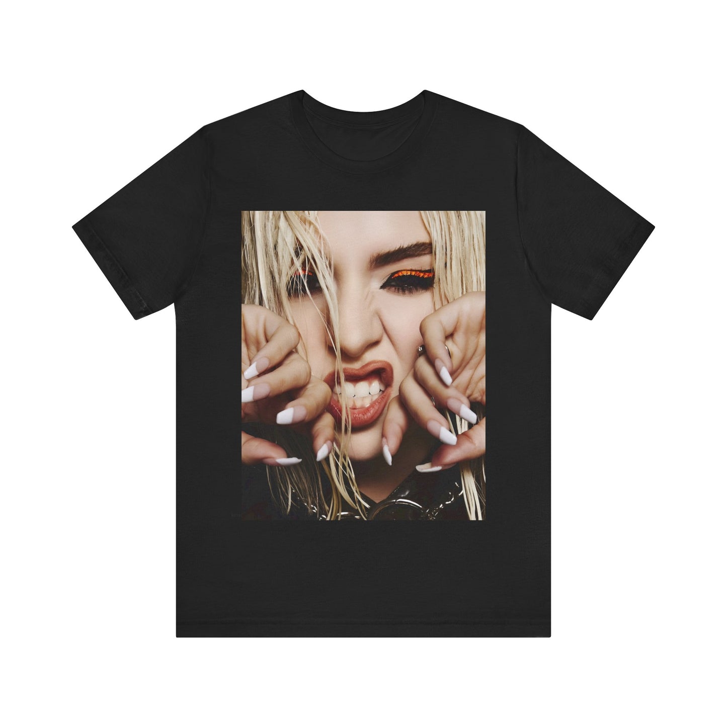 A black graphic t-shirt featuring a graphic of Ava Max with a pop punk aesthetic, possibly with bold lines, vibrant colors, or edgy elements.