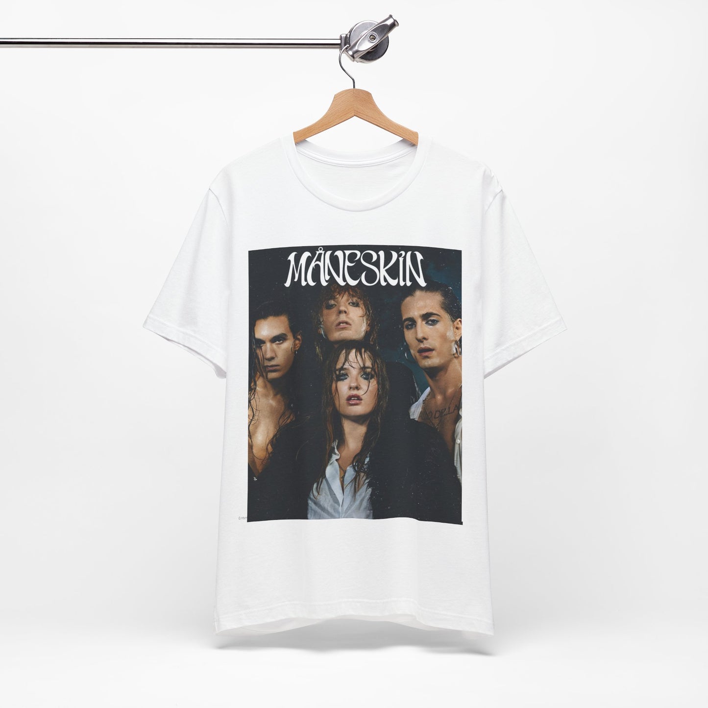 A black graphic t-shirt featuring a graphic of Maneskin with cool Italian rock vibes.