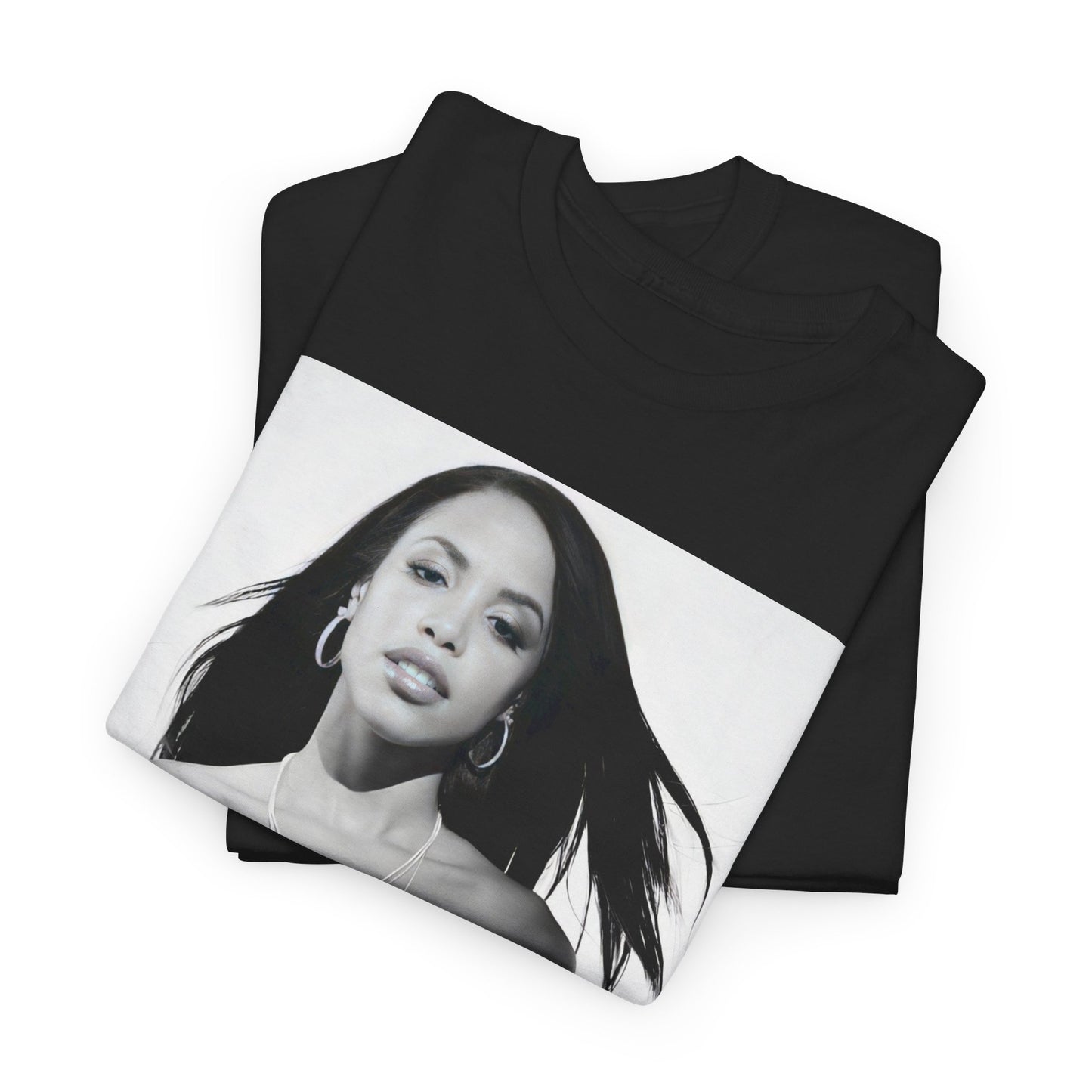 A black graphic t-shirt featuring a black and white graphic of Aaliyah as an urban princess.