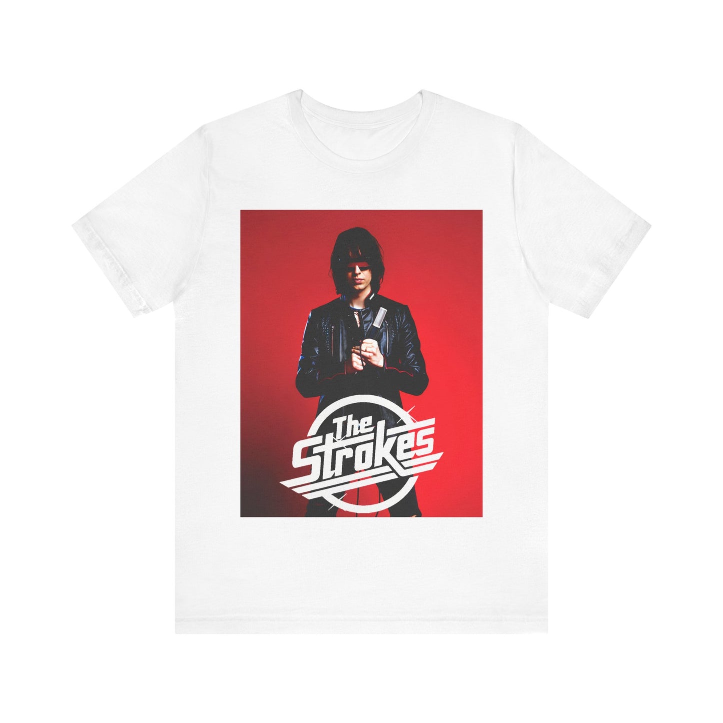 A black graphic t-shirt featuring a bold indie rock superstar graphic of The Strokes.