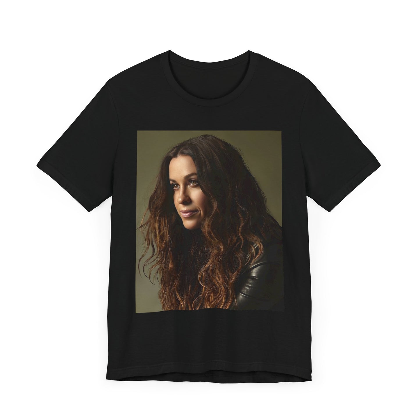 A black graphic t-shirt featuring a close-up portrait photo of Alanis Morissette, showing her intense or contemplative expression.