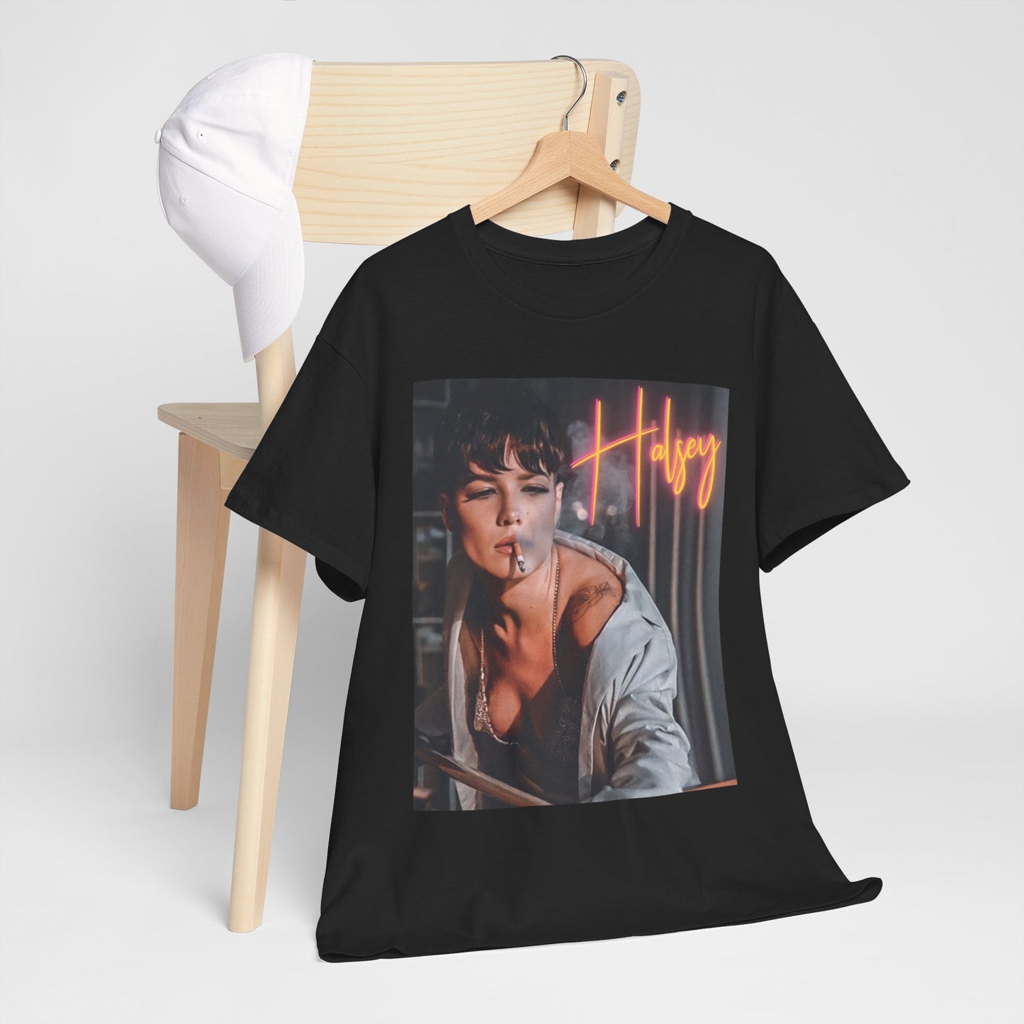 A black graphic t-shirt featuring a vintage graphic related to Halsey's 'Manic' album era.