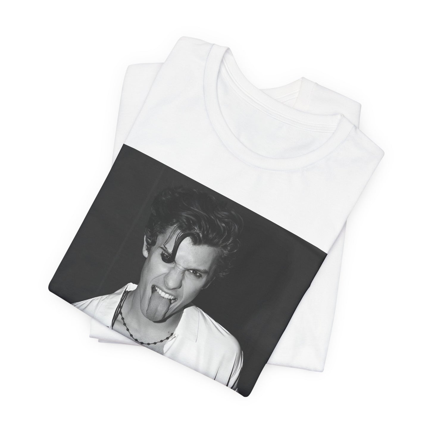 A black graphic t-shirt featuring a casual black and white fan graphic of Shawn Mendes.