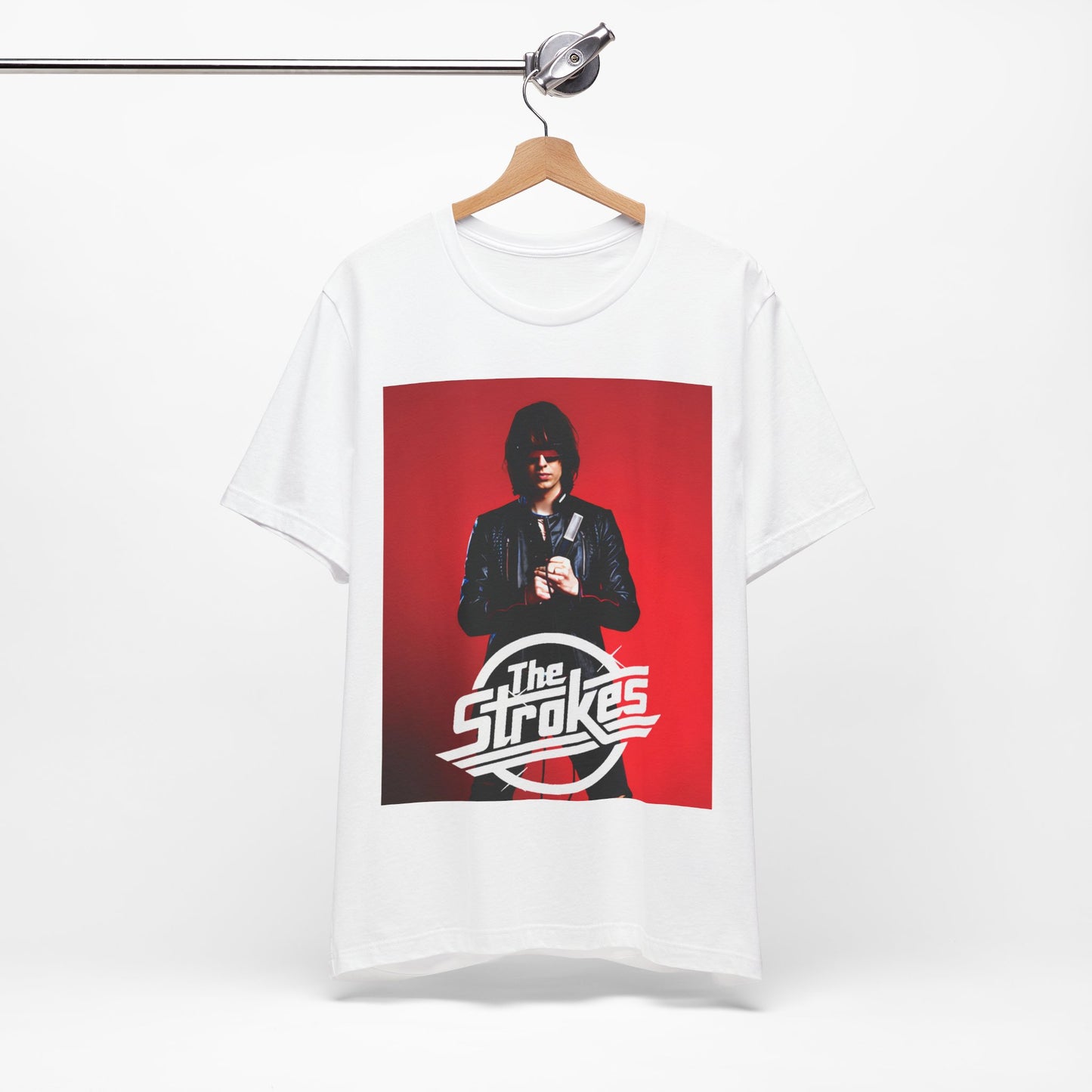 A black graphic t-shirt featuring a bold indie rock superstar graphic of The Strokes.