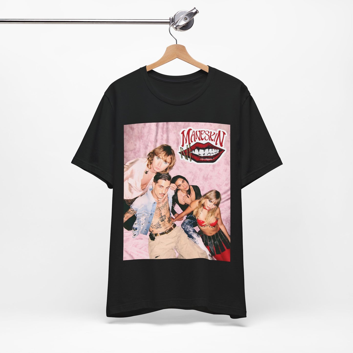 A black graphic t-shirt featuring a graphic related to Maneskin's 'I Wanna Be Your Slave' song or era.