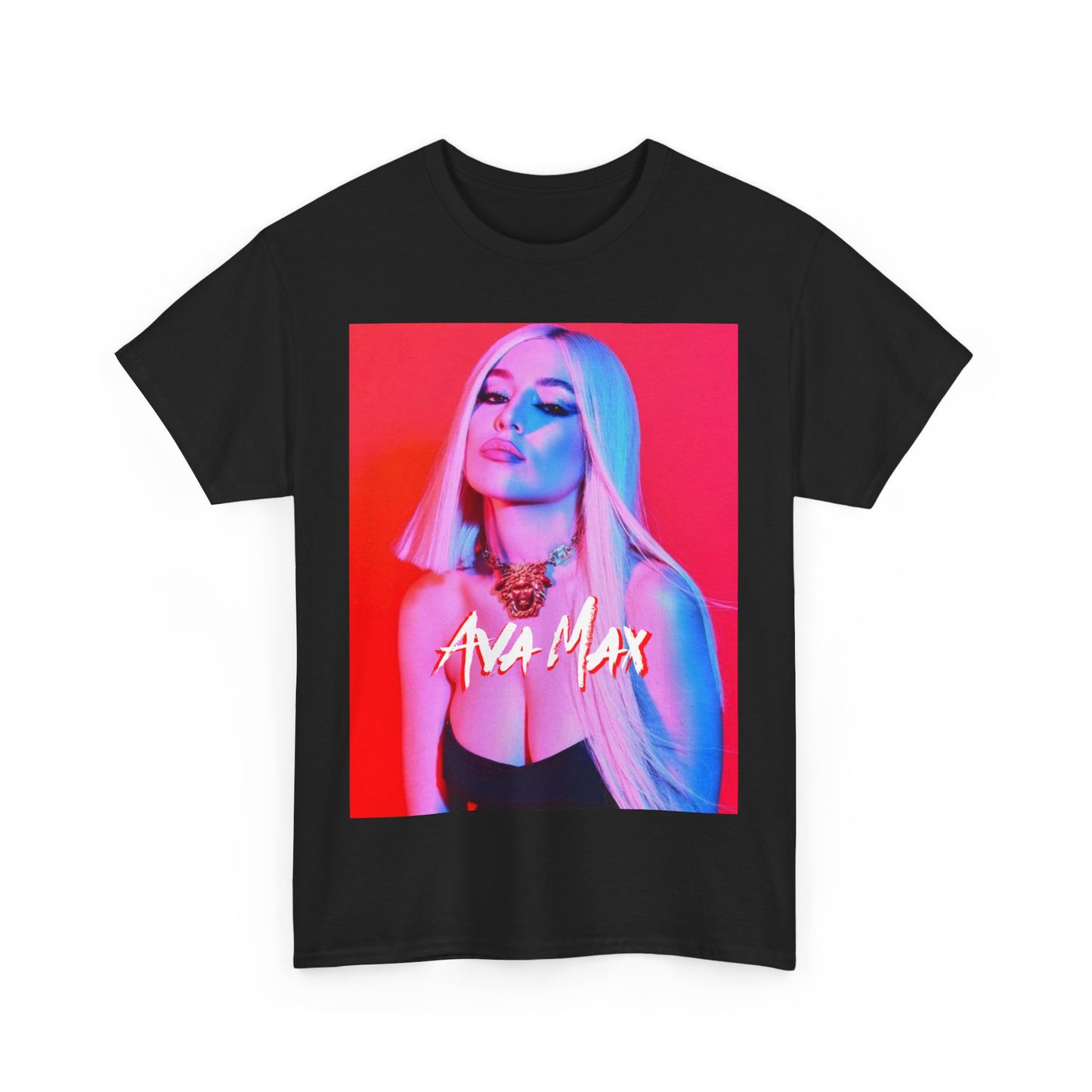 A black graphic t-shirt featuring a colorful pop art style graphic of Ava Max, with bright hues and bold lines.