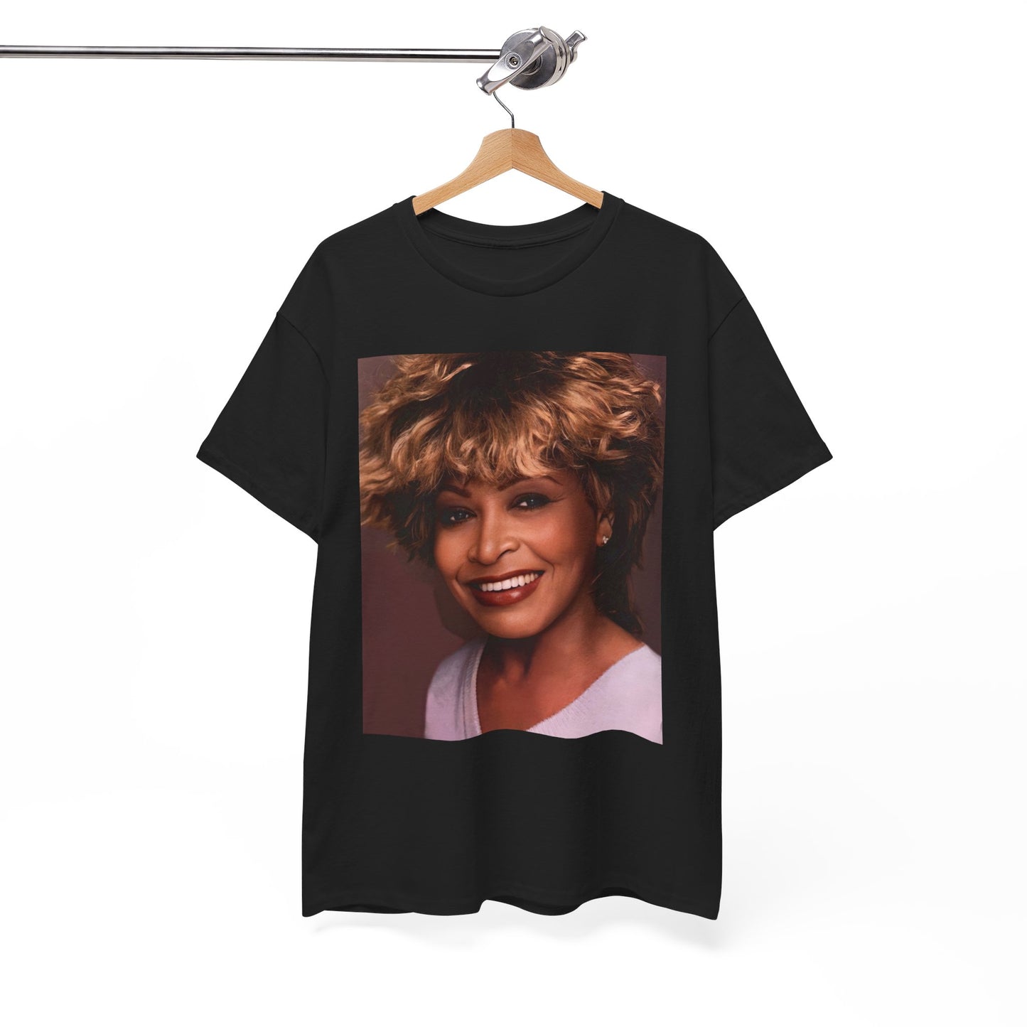 A black graphic t-shirt featuring a vintage soul rock icon graphic of Tina Turner.