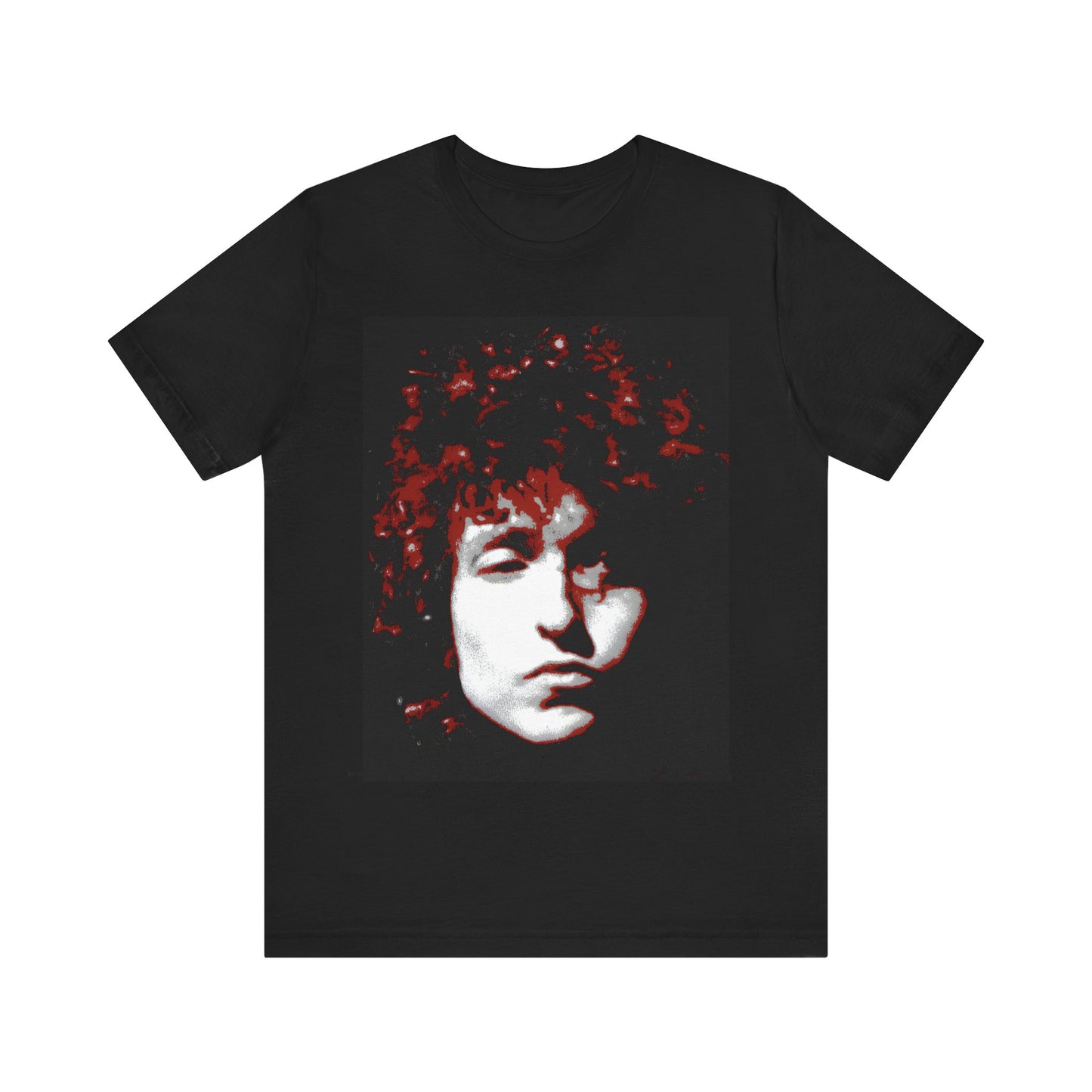 A black graphic t-shirt featuring a graphic related to Bob Dylan's 'Blood on the Tracks' album era, possibly with album art elements.