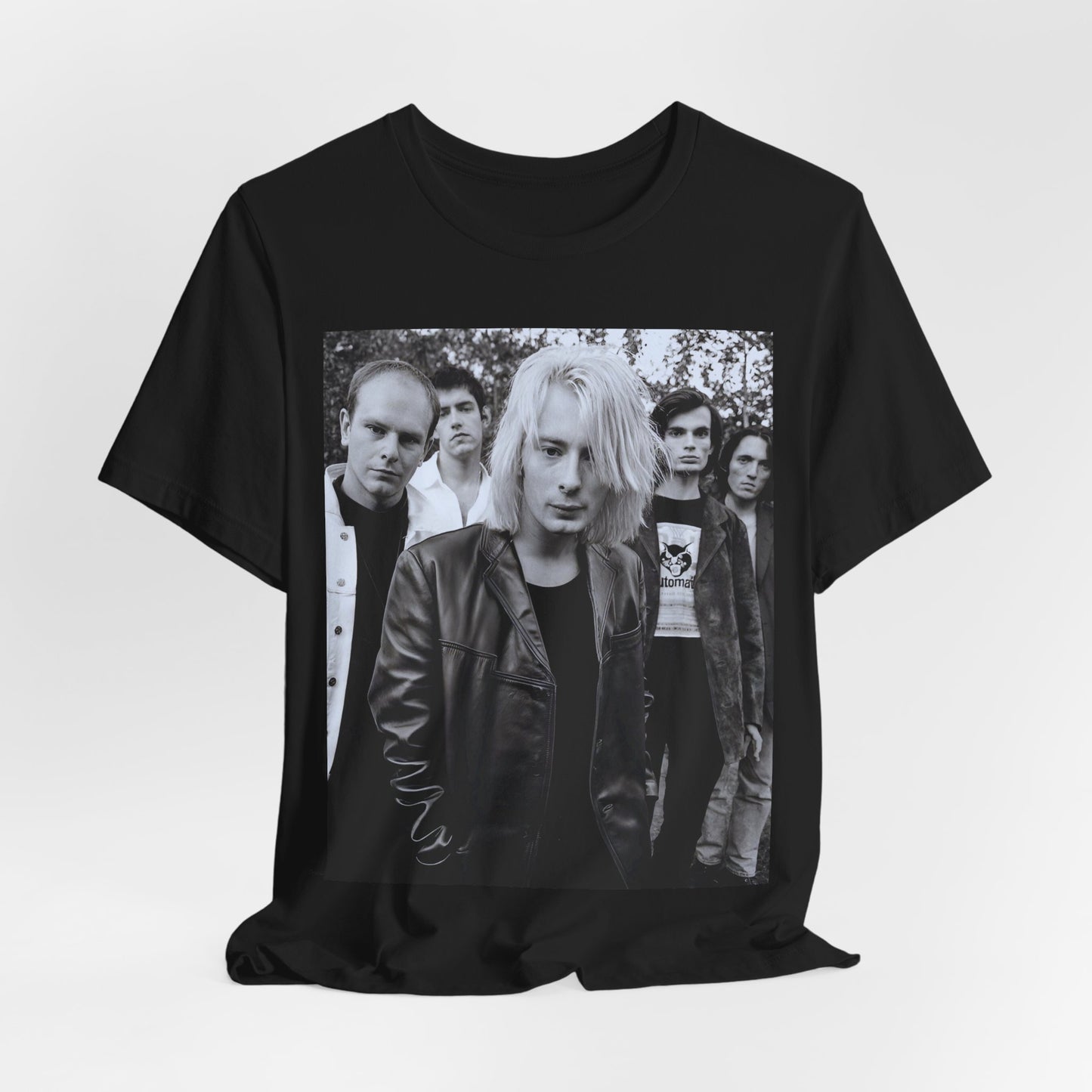 A black graphic t-shirt featuring a cool experimental rock graphic of Radiohead.