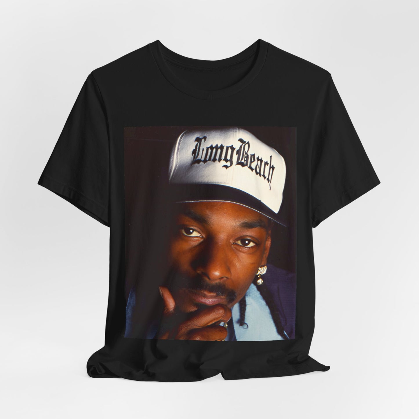 A black graphic t-shirt featuring a graphic of Snoop Dogg with Long Beach vibes.