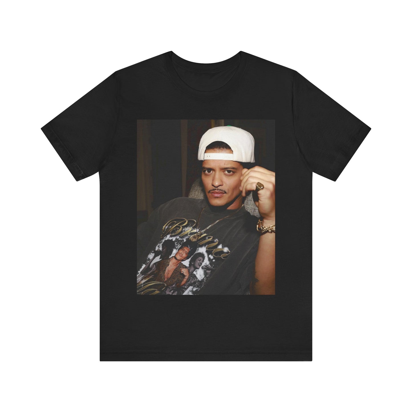 A black graphic t-shirt featuring a vintage aesthetic graphic of Bruno Mars.