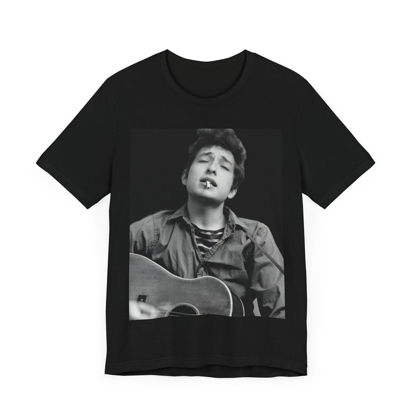 A black graphic t-shirt featuring a photo of Bob Dylan with his acoustic guitar.
