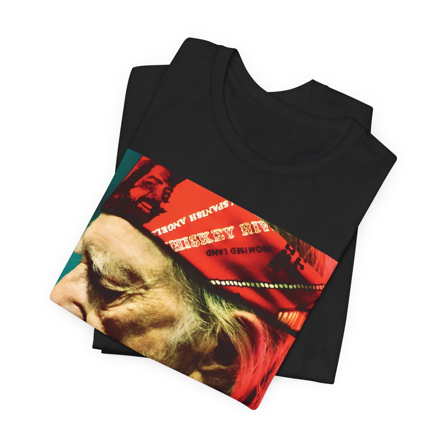 A black graphic t-shirt featuring a graphic related to Willie Nelson's 'Red Headed Stranger' album era.