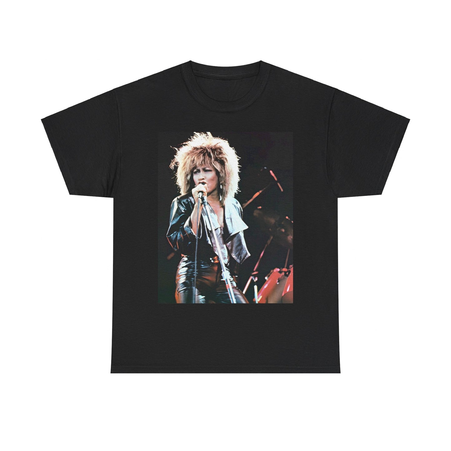 A black graphic t-shirt featuring a 90s graphic or photo of Tina Turner performing live on stage.