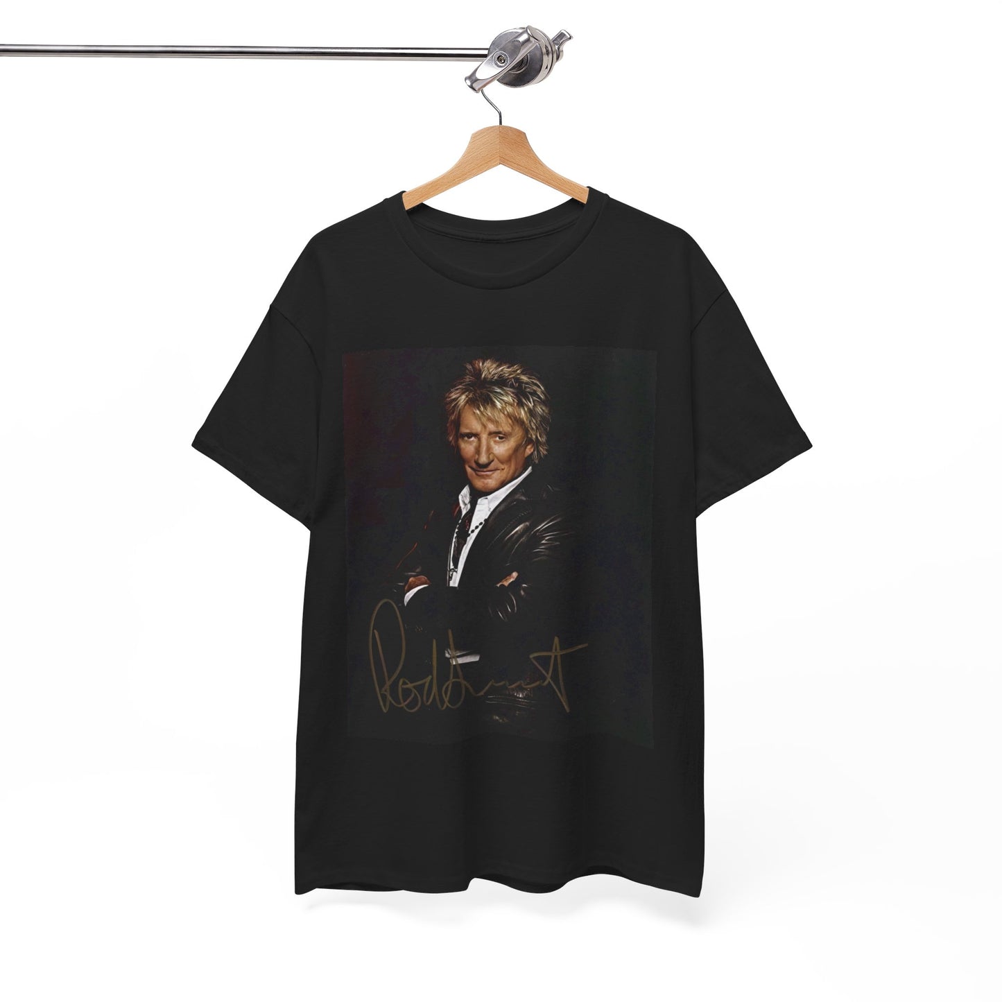 A black graphic t-shirt featuring a signature graphic of Rod Stewart.