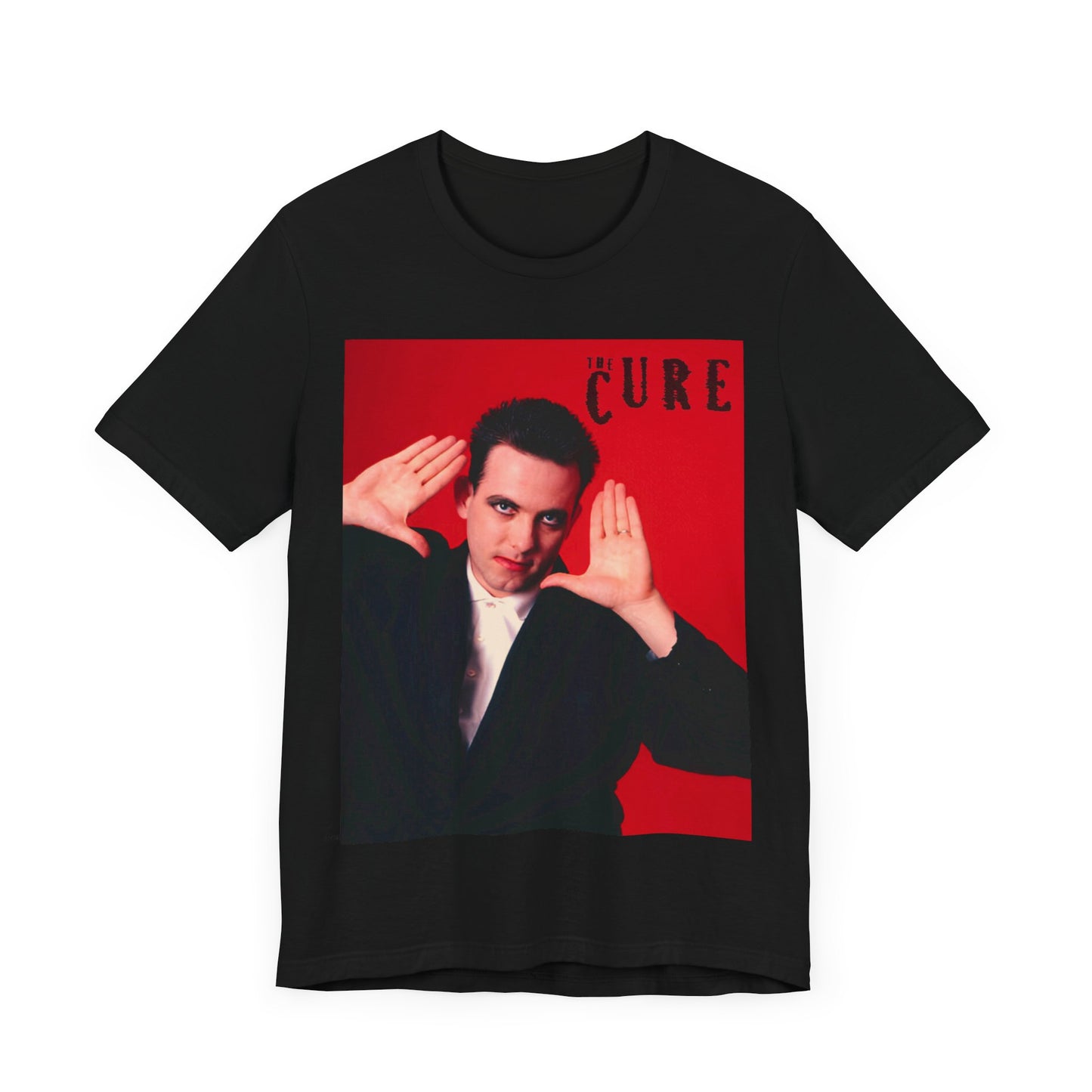 A black graphic t-shirt featuring a graphic of Robert Smith from The Cure in his authentic style.