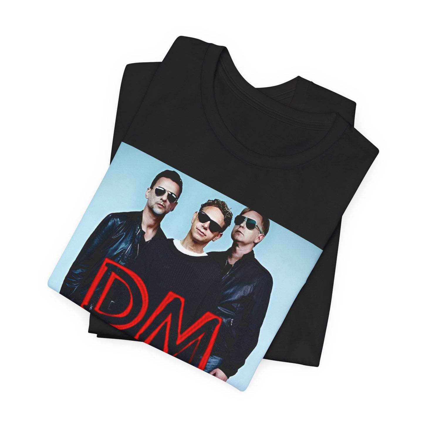 A black graphic t-shirt featuring a retro electropop graphic of Depeche Mode.