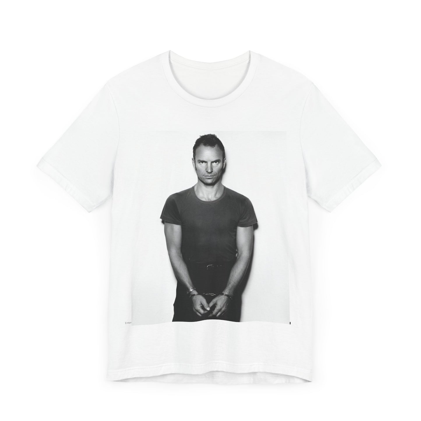 A black graphic t-shirt featuring a black and white portrait photo of Sting.