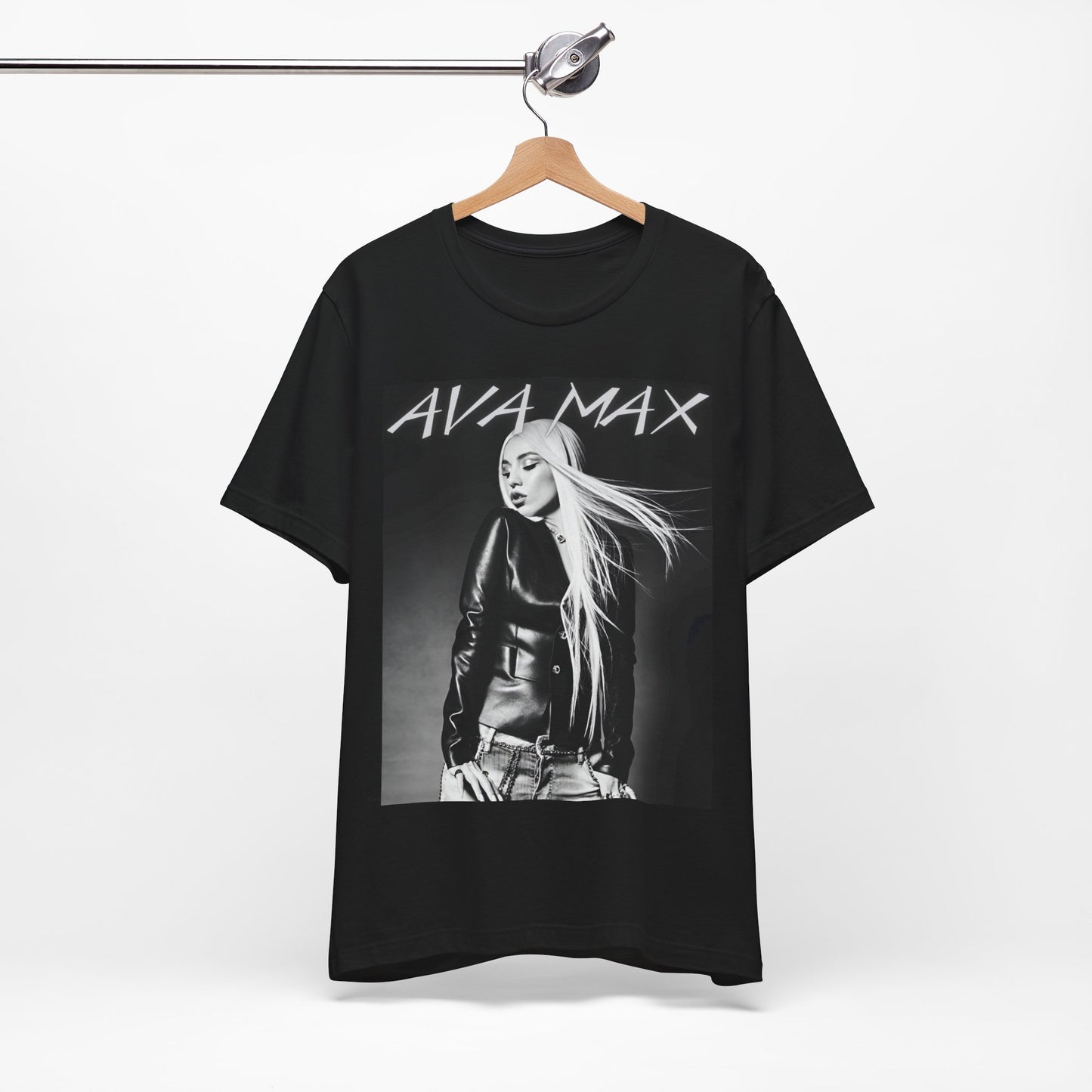 A black graphic t-shirt featuring a black and white portrait photo of Ava Max.