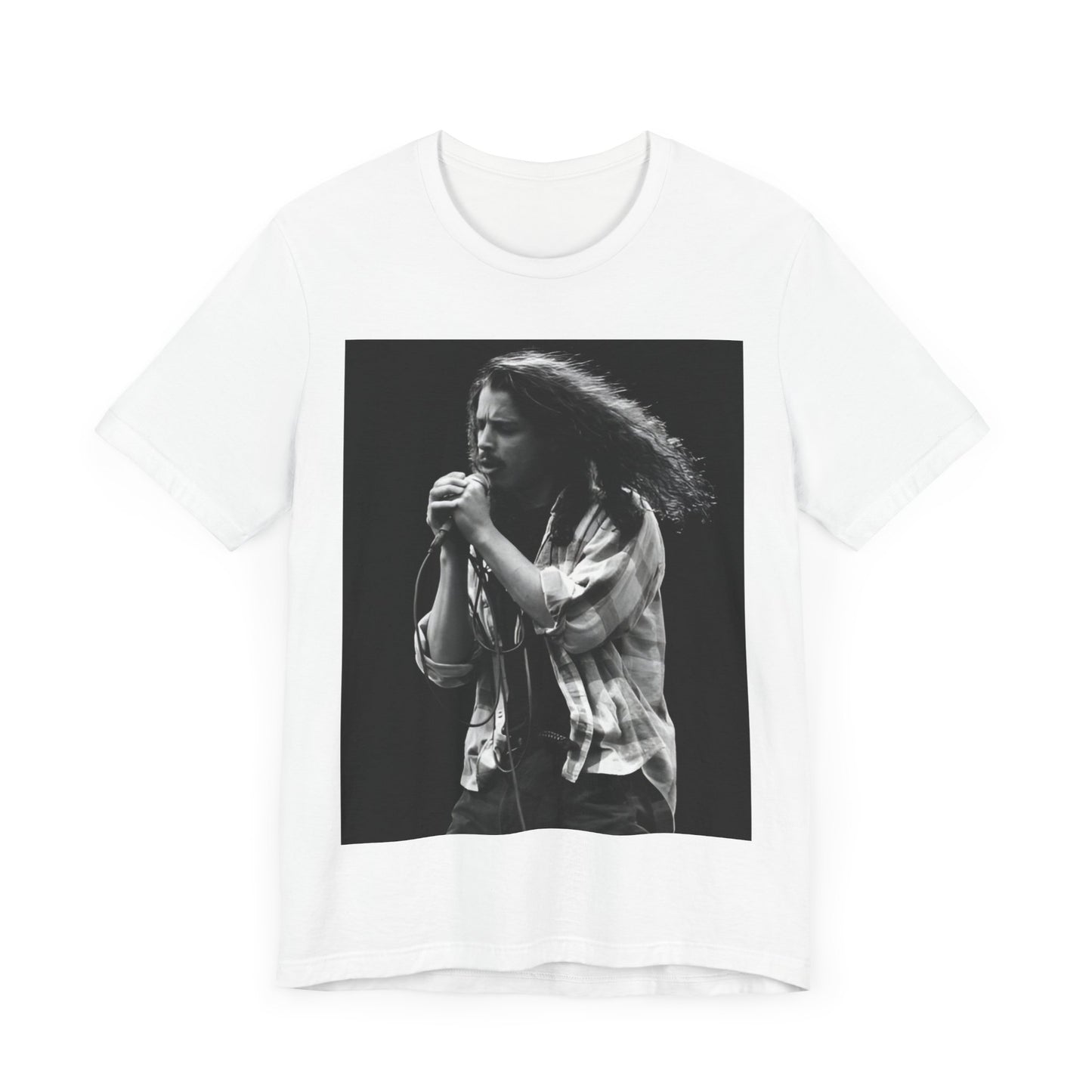 A black graphic t-shirt featuring a black and white graphic of Chris Cornell from 1996.