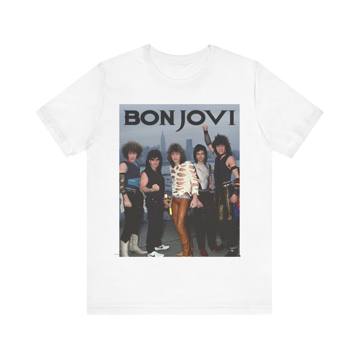 A black graphic t-shirt featuring a graphic related to Bon Jovi's 'Livin' on a Prayer' song or era from the 1980s.