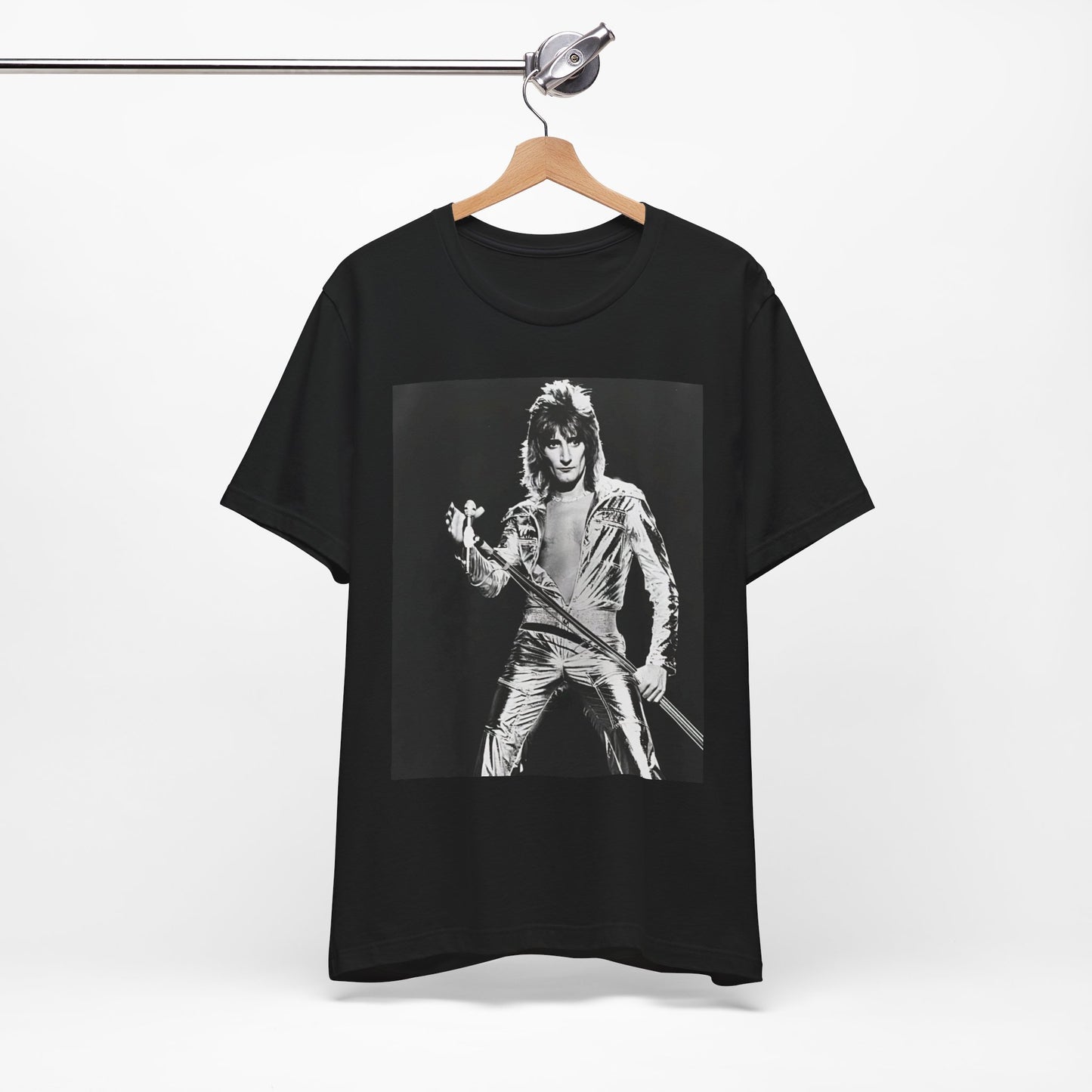 A black graphic t-shirt featuring a 70s black and white monochrome graphic or photo of Rod Stewart.