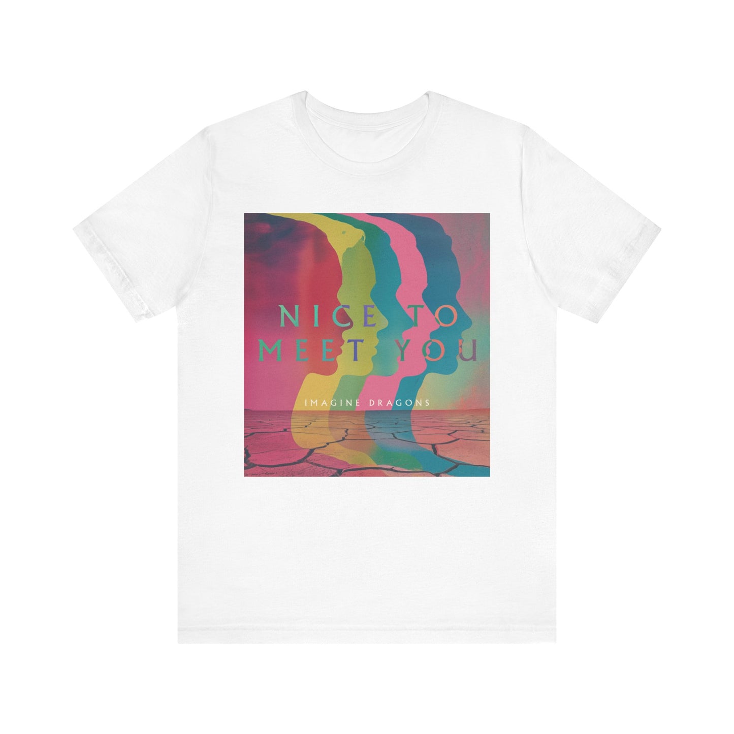 A black graphic t-shirt featuring a graphic related to Imagine Dragons' 'Nice to Meet You' song or a welcoming theme.