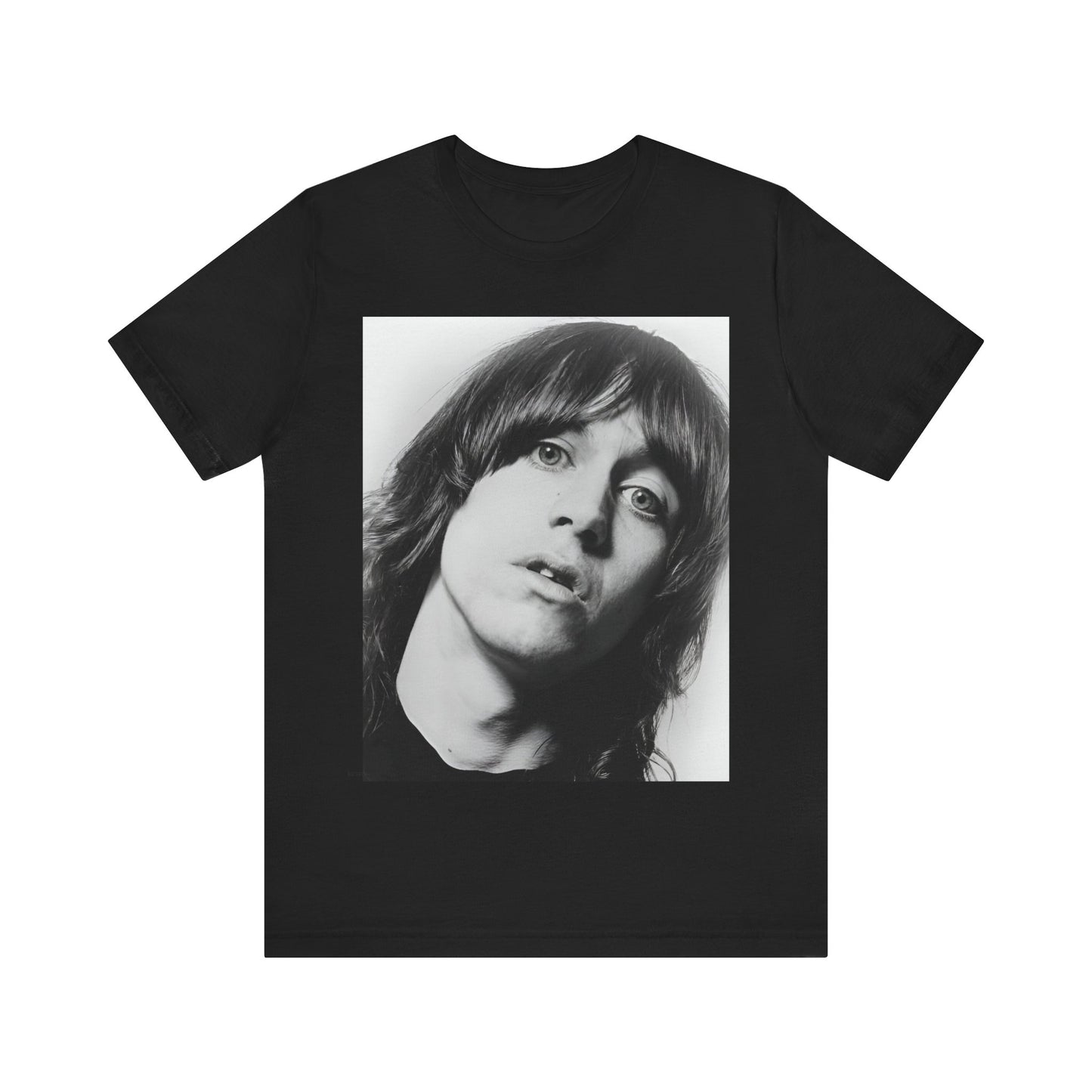 A black graphic t-shirt featuring a vintage graphic related to Iggy Pop's 'The Passenger' song or era.