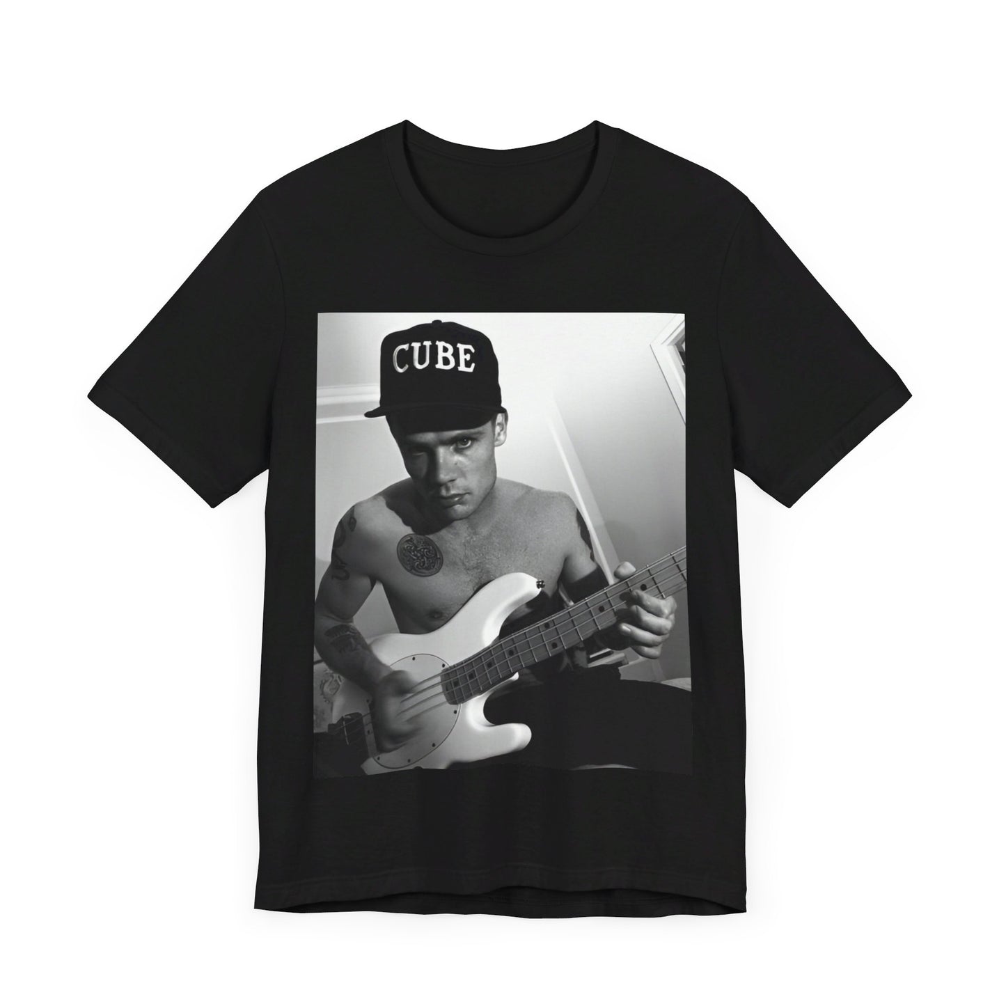 A black graphic t-shirt featuring a black and white graphic or photo of Flea from Red Hot Chili Peppers performing live on stage.
